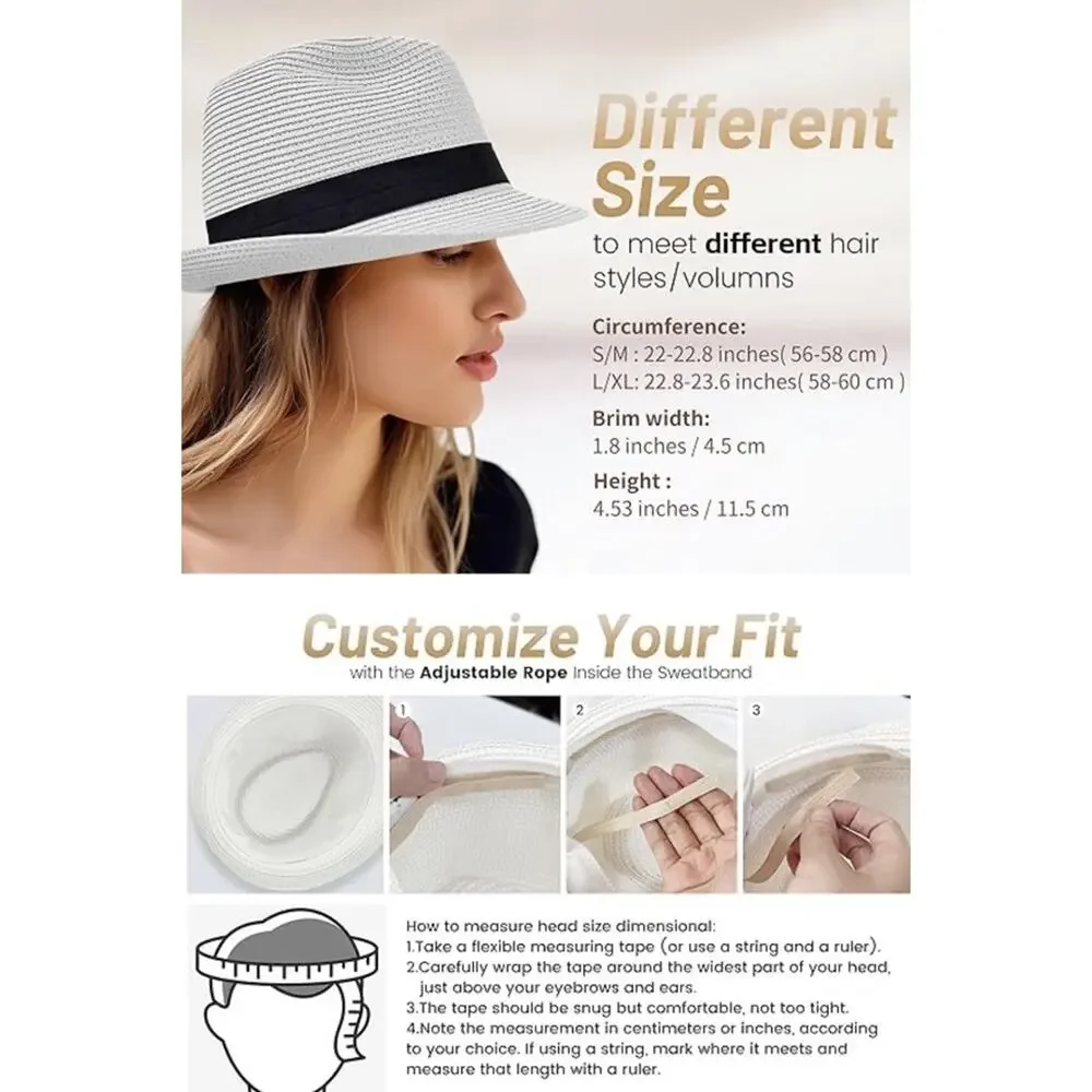 Unisex Straw Fedora Trilby Hat UPF 50+ Packable Summer Beach Sun Hat Size L/XL‎